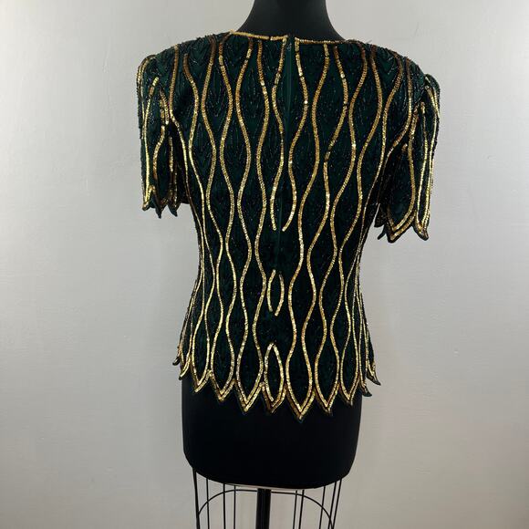 VINTAGE STENAY Green Gold Sequin Short Sleeve Crewneck Scalloped Top Size PS - Picture 6 of 8